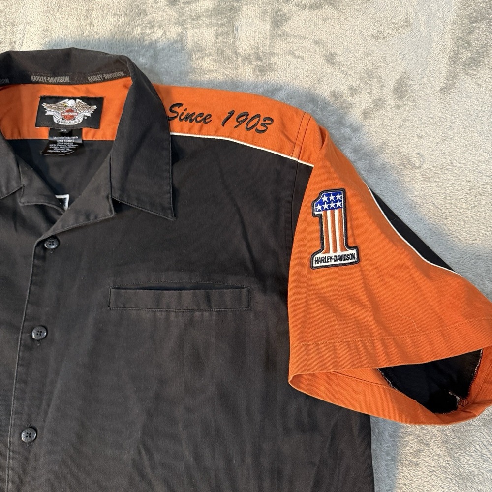 Harley Davidson Button Down Shirt Mens XL Black Orange Short Sleeve Logo - Picture 4 of 8